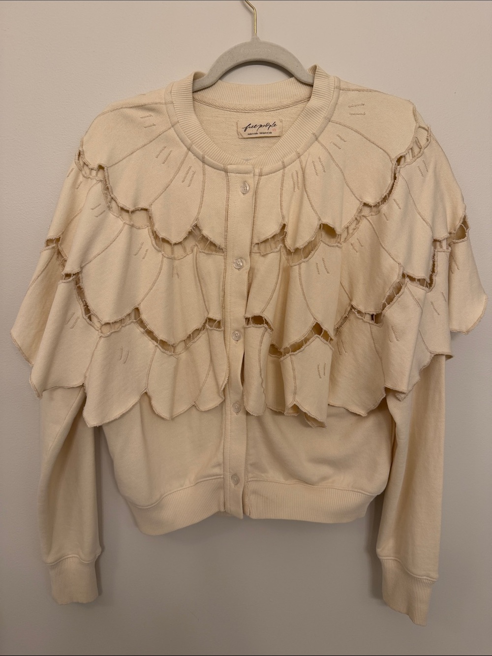 Free People Cream Ruffle Cascade Cardigan Jacket